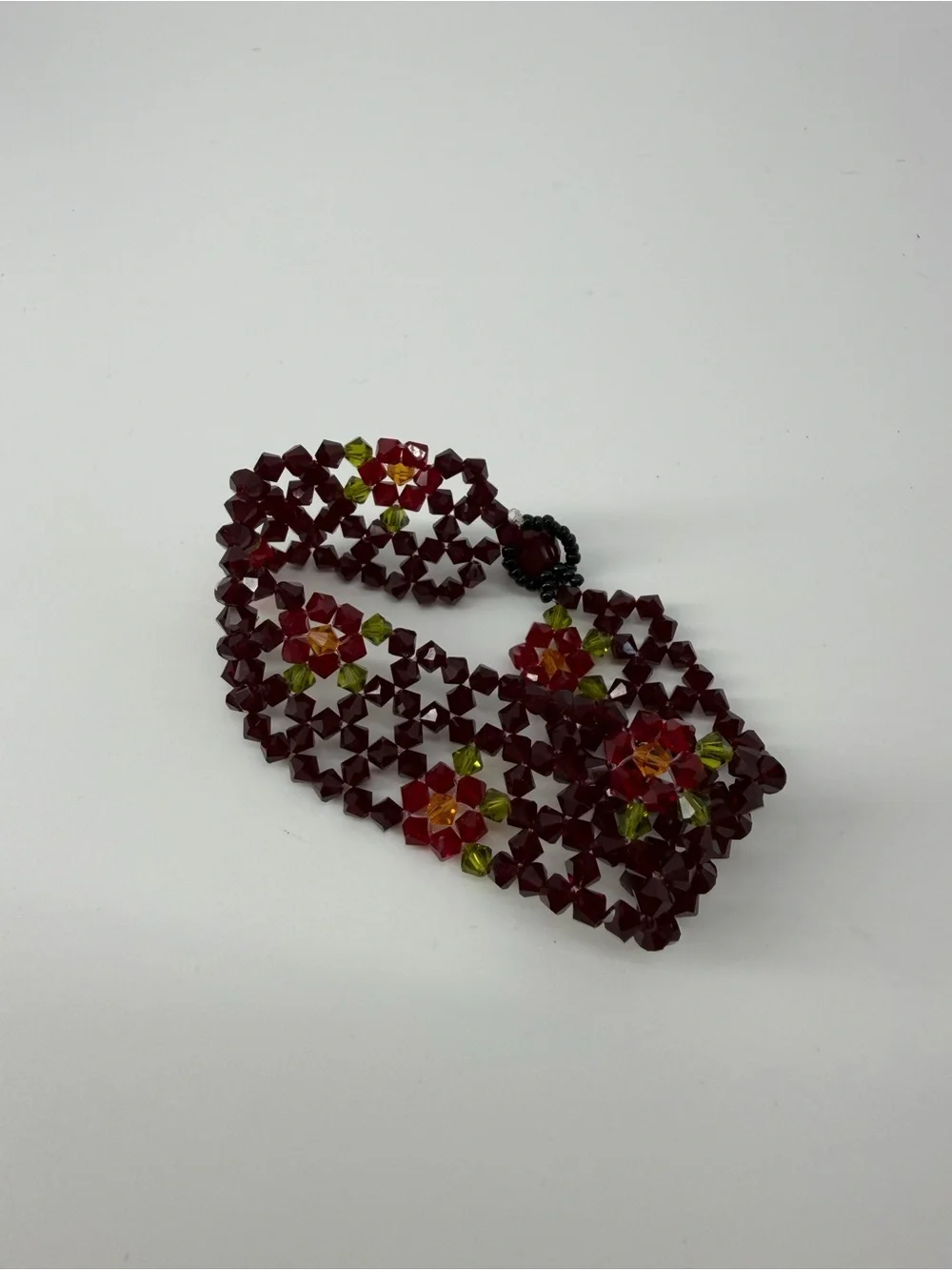 Vintage Handmade Crystal Bicone Bead Wide Cuff Bracelet Red Maroon Flower Clasp